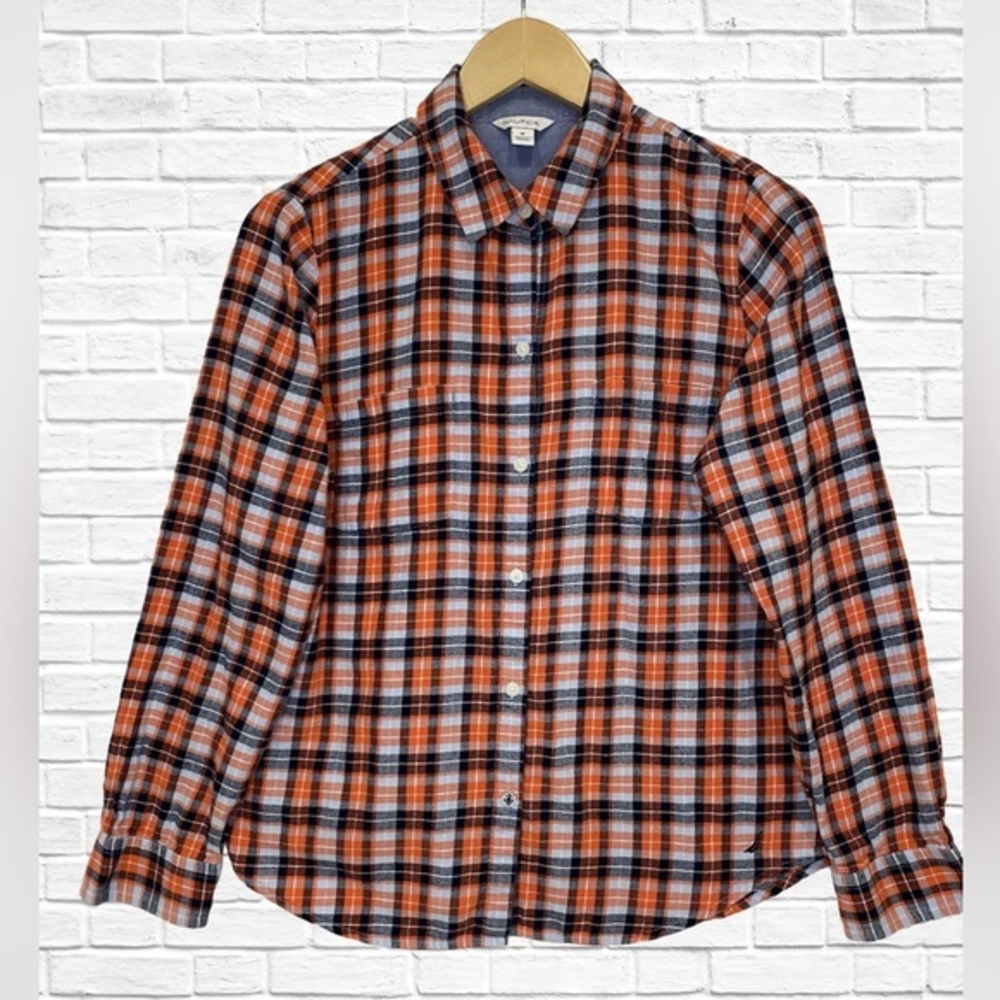 Women’s‎ Nautica Orange & Black Plaid Long Sleeve Button Down Size Medium